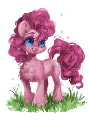 Size: 621x850 | Tagged: dead source, safe, artist:makkah, pinkie pie, butterfly, earth pony, pony, g4, chest fluff, ear fluff, female, flank fluff, grass, looking at something, looking up, mare, partial background, smiling, solo, standing, tongue out, unshorn fetlocks