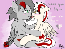Size: 2000x1500 | Tagged: safe, artist:move, oc, oc only, oc:awya lightfeather, oc:move, pegasus, pony, blushing, colored, cutie mark, duo, female, flat colors, golden eyes, green eyes, incest, love, male, mlem, pink background, shipping, silly, simple background, sitting, sitting on lap, smiling, tongue out