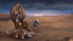 Size: 1320x743 | Tagged: safe, artist:limreiart, oc, oc only, oc:griffa(fallout equestria: promise), pony, zebra, fallout equestria, fallout equestria: promise, bag, clothes, desert, goggles, saddle bag, solo, species swap, wasteland, zebra oc, zebrafied