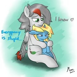 Size: 2500x2500 | Tagged: safe, artist:move, oc, oc only, oc:move, oc:skydreams, pegasus, pony, unicorn, ain't that the truth, blue eyes, blushing, comforting, cutie mark, duo, female, fluffy, green eyes, high res, hug, male, pouting, sitting on lap, size difference, smiling, text, wings