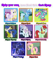 Size: 1600x1745 | Tagged: safe, artist:roxyloopsy255, blueberry curls, candy apples, fluttershy, lily lace, north point, princess luna, spring step, sunlight spring, trixie, alicorn, earth pony, pegasus, pony, unicorn, g4, apple family member, cheerleader, cheerleader outfit, clothes, crossover
