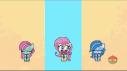 Size: 800x450 | Tagged: safe, screencap, fluttershy, minty (g4), misty rain, earth pony, pegasus, pony, g4, g4.5, my little pony: pony life, the trail less trotten, animated, archery, arrow, badge, binoculars, bow (weapon), cupcake, female, fishing rod, flag, food, gif, guitar, happy, marshmallow, musical instrument, paddle, rage quit, sulking, trumpet, unhappy