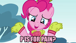 Size: 1280x720 | Tagged: safe, edit, edited screencap, screencap, pinkie pie, earth pony, pony, g4, rainbow falls, caption, cheerleader outfit, cheerleader pinkie, clothes, female, image macro, mare, meme, pain, solo, text