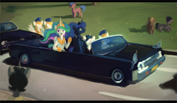 Size: 2445x1429 | Tagged: safe, artist:marsminer, fancypants, princess celestia, princess luna, alicorn, earth pony, pegasus, pony, unicorn, g4, car, convertible, imminent death, jfk assassination, john f. kennedy, lincoln (car), lincoln continental, royal guard, the implications are horrible, this will end in assassination, this will end in death, this will not end well, waving, we are going to hell, zapruder film