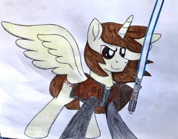 Size: 3780x2971 | Tagged: safe, artist:ejlightning007arts, oc, oc only, oc:ej, alicorn, pony, alicorn oc, badass, clothes, high res, horn, jacket, jedi, lightsaber, male, solo, stallion, star wars, traditional art, wavy mane, weapon, wings