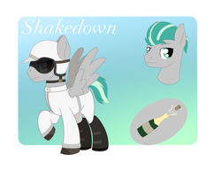 Size: 2587x1985 | Tagged: safe, artist:dyonys, oc, oc:shakedown, pegasus, pony, alcohol, bust, champagne, clothes, helmet, male, racer, racing suit, reference sheet, stallion, wine