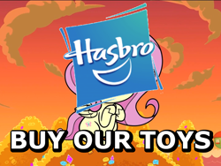 Size: 1440x1080 | Tagged: safe, edit, edited screencap, screencap, fluttershy, pegasus, pony, death of a sales-pony, g4.5, my little pony: pony life, buy our toys, caption, cropped, female, hasbro, image macro, mare, solo, text, treehouse logo