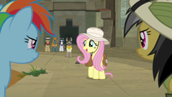 Size: 1920x1080 | Tagged: safe, screencap, biff, daring do, doctor caballeron, fluttershy, rainbow dash, rogue (g4), withers, earth pony, pegasus, pony, daring doubt, g4, ascot tie, clothes, fedora, female, hat, henchmen, male, mare, necktie, pith helmet, shirt, stallion, sunglasses