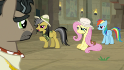 Size: 1920x1080 | Tagged: safe, screencap, daring do, doctor caballeron, fluttershy, rainbow dash, earth pony, pegasus, pony, daring doubt, g4, ascot tie, clothes, female, hat, male, mare, pith helmet, shirt, stallion