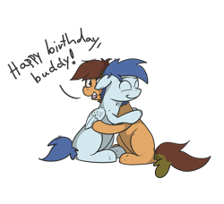 Size: 2190x2000 | Tagged: safe, artist:kippzu, oc, oc only, oc:slipstream, earth pony, pegasus, pony, birthday, commission, dialogue, floppy ears, high res, hug, simple background, transparent background