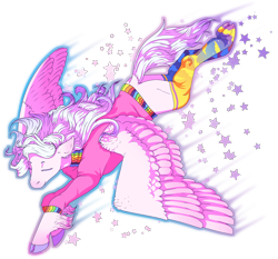Size: 2010x1870 | Tagged: safe, artist:guidomista, oc, oc only, oc:pastel, pegasus, pony, accessory, artfight, artfight 2020, blank flank, cel shading, clothes, cloven hooves, digital art, eyes closed, female, flying, full body, hooves, mare, realistic horse legs, realistic wings, semi-realistic, shading, socks, solo, spread legs, spread wings, spreading, stars, stockings, sweater, thigh highs, unshorn fetlocks, wings