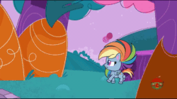 Size: 800x450 | Tagged: safe, screencap, applejack, rainbow dash, earth pony, pegasus, pony, bighoof walking, g4.5, my little pony: pony life, animated, carrot, female, food, gif, outdoors, scared, screaming, shrunken pupils, silly, silly pony, treehouse logo, who's a silly pony, wind