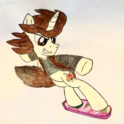 Size: 3015x3024 | Tagged: safe, artist:ejlightning007arts, oc, oc only, oc:ej, alicorn, pony, alicorn oc, back to the future, clothes, high res, horn, hoverboard, jacket, male, shirt, solo, stallion, traditional art, wavy mane, wings
