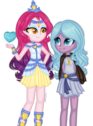Size: 1200x1624 | Tagged: safe, artist:fantarianna, idw, princess amore, radiant hope, human, equestria girls, g4, bracelet, cape, clothes, crown, crystal heart, dress, duo, duo female, equestria girls-ified, female, gradient hair, gradient mane, hands behind back, jewelry, looking at each other, necklace, regalia, simple background, transparent background
