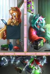 Size: 1920x2824 | Tagged: safe, artist:ravvij, oc, oc:peanut bucker, oc:proxy server, oc:wandering sunrise, earth pony, pony, trotcon, book, chair, commission, computer, curtains, cute, electricity, electrocution, female, floor, freckles, funny, gem, gemstones, hooves, impractical, insulation, laptop computer, light, magic, mane, mare, painting, pipbuck, poster, promotional art, room, shock, vent, wall, wires
