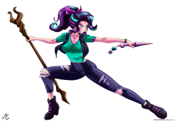 Size: 5000x3428 | Tagged: safe, artist:mauroz, starlight glimmer, human, g4, alternate hairstyle, anime, breasts, grin, horn wand, humanized, rainbow, ripped pants, simple background, smiling, solo, staff, staff of sameness, transparent background