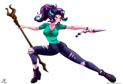 Size: 5000x3428 | Tagged: safe, alternate version, artist:mauroz, starlight glimmer, human, g4, alternate hairstyle, anime, breasts, grin, horn wand, humanized, rainbow, ripped pants, simple background, smiling, solo, staff, staff of sameness, transparent background