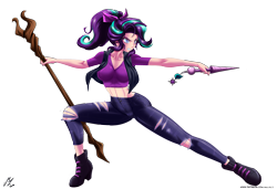 Size: 5000x3428 | Tagged: safe, alternate version, artist:mauroz, starlight glimmer, human, g4, alternate hairstyle, anime, breasts, grin, horn wand, humanized, rainbow, ripped pants, simple background, smiling, solo, staff, staff of sameness, transparent background