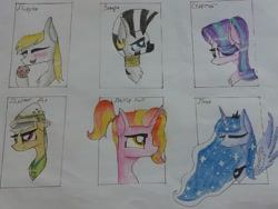 Size: 1080x810 | Tagged: safe, artist:pollylittlepony1, derpy hooves, luster dawn, princess luna, starlight glimmer, zecora, alicorn, pegasus, pony, unicorn, zebra, g4, blushing, bust, ear piercing, earring, female, food, hat, hoof hold, jewelry, mare, muffin, neck rings, peytral, piercing, pith helmet, six fanarts, smiling, tiara, traditional art