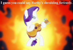 Size: 1044x720 | Tagged: safe, edit, edited screencap, editor:korora, screencap, rarity, g4, honest apple, angry, cropped, fire, frustrated, guitar, guitarity, musical instrument, pun, text
