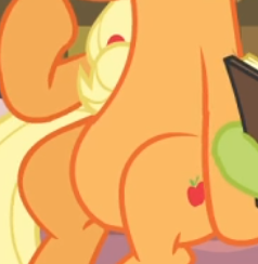 Size: 238x244 | Tagged: safe, edit, edited screencap, screencap, applejack, pony, apple family reunion, belly, cropped, female, pictures of bellies, sitting, solo
