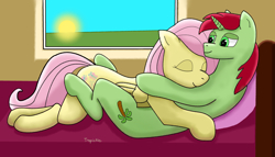 Size: 4032x2300 | Tagged: safe, artist:tropickle, fluttershy, oc, oc:tropical pickle, pegasus, pony, unicorn, g4, bed, bedroom, blanket, canon x oc, cuddling, eyes closed, female, horn, lying down, lying on top of someone, male, pillow, shipping, straight, sun, sunrise, wings