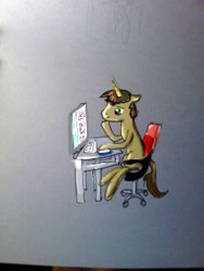 Size: 240x320 | Tagged: safe, artist:kiwwsplash, oc, oc only, pony, unicorn, computer, computer mouse, horn, keyboard, sitting, solo, unicorn oc