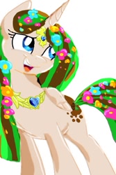 Size: 380x569 | Tagged: safe, artist:kiwwsplash, oc, oc only, alicorn, pony, alicorn oc, eyelashes, flower, flower in hair, horn, jewelry, necklace, open mouth, simple background, smiling, solo, white background, wings