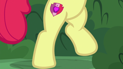 Size: 1280x720 | Tagged: safe, screencap, apple bloom, earth pony, pony, g4, marks for effort, belly, bipedal, bush, cutie mark, female, filly, legs, pictures of bellies, pictures of legs, raised leg, shadow, solo focus, the cmc's cutie marks