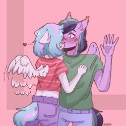 Size: 900x900 | Tagged: safe, artist:loni_ee_, oc, oc only, pegasus, anthro, abstract background, blushing, clothes, heart, oc x oc, pants, pegasus oc, redraw, shipping, shorts, wings