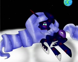 Size: 818x658 | Tagged: safe, artist:loni_ee_, princess luna, alicorn, pony, g4, blood, earth, ethereal mane, female, hoof shoes, injured, mare, moon, nightmare luna, solo, starry mane, stars