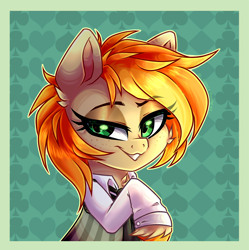 Size: 2764x2777 | Tagged: safe, artist:_spacemonkeyz_, oc, oc only, oc:parlay, earth pony, pony, abstract background, bust, clothes, colored hooves, female, high res, mare, necktie, shirt, smug, solo, unshorn fetlocks, vest