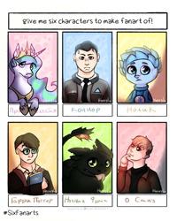 Size: 1080x1350 | Tagged: safe, artist:honey._.lu, princess celestia, alicorn, dragon, human, pony, g4, :p, book, bust, clothes, connor, crossover, detroit: become human, female, fixiki, glasses, harry potter (series), hoof shoes, how to train your dragon, jewelry, killing stalking, male, mare, necktie, peytral, six fanarts, tiara, tongue out, toothless the dragon