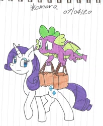 Size: 1058x1291 | Tagged: safe, artist:cmara, rarity, spike, dragon, pony, unicorn, g4, bag, duo, female, lined paper, looking at each other, male, mare, paper bag, traditional art, winged spike, wings