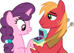 Size: 4220x3000 | Tagged: safe, artist:cloudy glow, big macintosh, sugar belle, earth pony, pony, unicorn, g4, the big mac question, .ai available, female, freckles, high res, holding hands, jewelry, male, mare, marriage proposal, ring, ship:sugarmac, shipping, simple background, stallion, straight, transparent background, vector, will you marry me