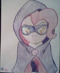 Size: 236x289 | Tagged: dead source, safe, artist:marvelousqueen, oc, oc only, oc:tuh pink avenger, earth pony, pony, cape, clothes, female, mare, smiling, solo, traditional art