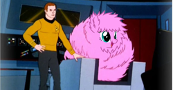 Size: 1200x628 | Tagged: safe, edit, oc, oc:fluffle puff, human, pony, chair, crossover, female, james t kirk, mare, open mouth, sitting, smiling, star trek, star trek: the animated series