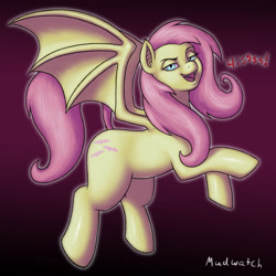 Size: 2400x2400 | Tagged: safe, artist:mudwatch, fluttershy, bat pony, pegasus, pony, g4, bat ponified, bat wings, cutie mark, digital art, fangs, female, flutterbat, flying, high res, hissing, looking at you, mare, onomatopoeia, race swap, solo, sound effects, species swap, spread wings, tail, wings