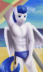 Size: 850x1417 | Tagged: safe, artist:kitsubstitute the cheetah, oc, oc only, oc:six string, pegasus, anthro, abs, armpits, beach, beach umbrella, clothes, commission, cutie mark, digital art, featureless chest, featureless pecs, looking at you, male, ocean, partial nudity, sky, solo, speedo, stupid sexy oc, swimsuit, tail, topless, wings