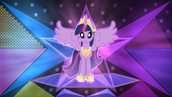 Size: 3840x2160 | Tagged: safe, artist:laszlvfx, artist:limedazzle, edit, twilight sparkle, alicorn, pony, g4, crown, female, high res, hoof shoes, jewelry, looking at you, mare, peytral, regalia, smiling, solo, spread wings, twilight sparkle (alicorn), wallpaper, wallpaper edit, wings