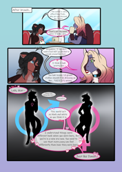 Size: 3472x4911 | Tagged: safe, artist:blackblood-queen, oc, oc only, oc:brigadeiro drizzle, oc:dusk flame, oc:lady lovegreen, dracony, dragon, hybrid, pegasus, pony, anthro, unguligrade anthro, comic:be there, anthro oc, comic, crossdressing, dialogue, drag queen, eyeshadow, fangs, hair over one eye, lipstick, makeup, pegasus oc, sitting, slit pupils, speech bubble, wings