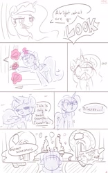 Size: 2549x4096 | Tagged: safe, artist:wavecipher, princess celestia, twilight sparkle, alicorn, pony, g4, bite mark, cake, cakelestia, comic, covering mouth, everything is cake, food, gasp, glowing horn, horn, levitation, magic, telekinesis, twilight sparkle (alicorn)