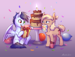 Size: 4372x3319 | Tagged: safe, artist:buttersprinkle, oc, oc only, oc:slipstream, oc:sock, earth pony, pegasus, pony, balloon, birthday, birthday cake, cake, clothes, commission, confetti, duo, earth pony oc, food, hairpin, pegasus oc, present, socks, wings