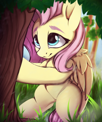 Size: 530x635 | Tagged: safe, artist:hitbass, fluttershy, pegasus, pony, g4, cute, female, fluttertree, grass, mare, shyabetes, touch, tree