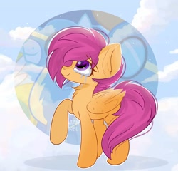 Size: 2248x2160 | Tagged: safe, artist:janelearts, scootaloo, pegasus, pony, g4, chest fluff, crying, ear fluff, female, folded wings, high res, mare, older, older scootaloo, raised hoof, signature, smiling, solo, teary eyes, wings, wonderbolts