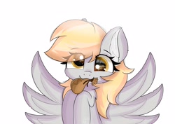 Size: 2560x1810 | Tagged: safe, artist:janelearts, derpy hooves, pegasus, pony, g4, cute, derpabetes, female, mare, money bag, mouth hold, simple background, solo, spread wings, white background, wings