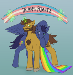 Size: 1078x1104 | Tagged: safe, artist:cottoncloudy, oc, oc only, oc:butch hoof, oc:wind tail, pegasus, pony, unicorn, banner, beard, duo, facial hair, flag, gay, gay pride flag, hooves, horn, looking at each other, magic, male, oc x oc, pride, pride flag, shipping, smiling, trans male, trans rights, transgender, transgender pride flag, wings