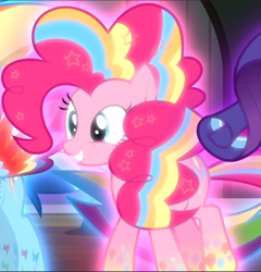 Size: 904x940 | Tagged: safe, screencap, pinkie pie, rainbow dash, rarity, earth pony, pegasus, pony, unicorn, do princesses dream of magic sheep, g4, cropped, female, glowing, grin, mare, offscreen character, rainbow power, smiling, solo focus