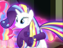 Size: 1206x938 | Tagged: safe, screencap, pinkie pie, rarity, earth pony, pony, unicorn, do princesses dream of magic sheep, g4, cropped, female, glowing, offscreen character, rainbow power, smiling, solo focus
