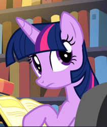 Size: 792x938 | Tagged: safe, screencap, twilight sparkle, alicorn, pony, do princesses dream of magic sheep, g4, book, bookshelf, cropped, female, frown, looking back, mare, solo, twilight sparkle (alicorn)